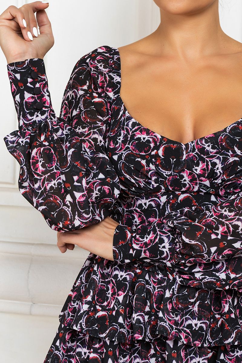 Puff sleeve bustier dress with flowers