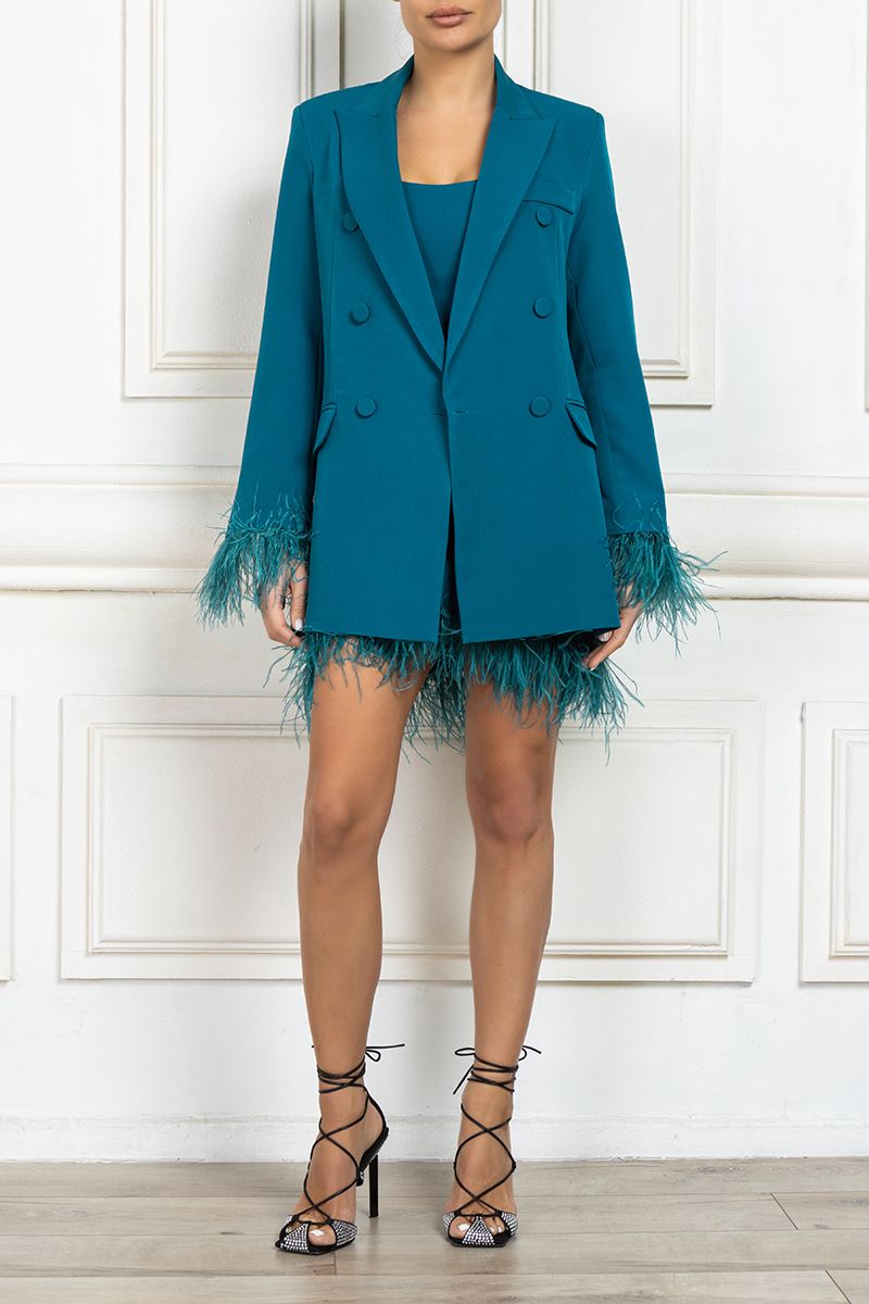 Green Double Breasted Feather Cuff Blazer