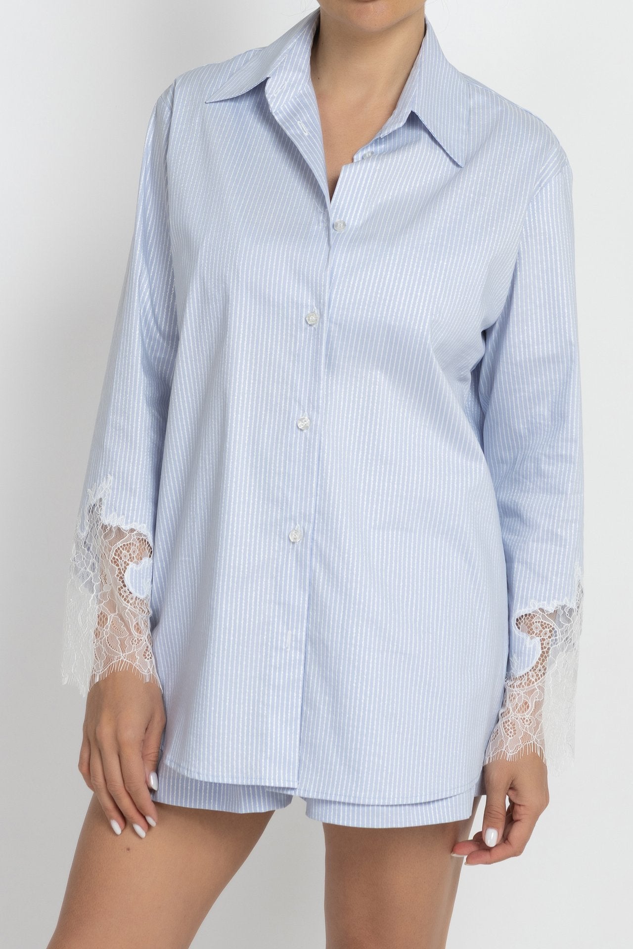 Striped Shirt and Skirt Set with Lace Details