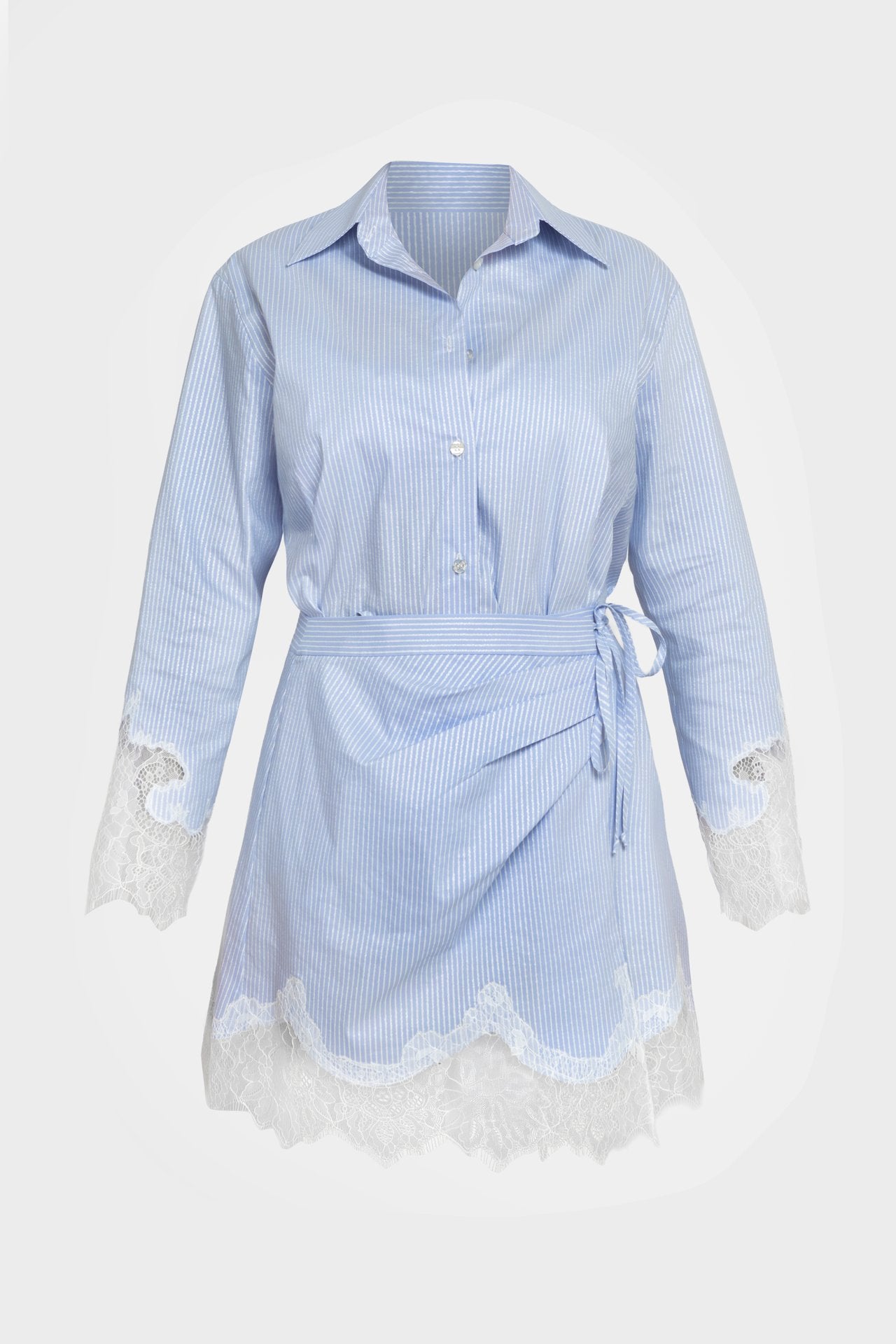 Striped Shirt and Skirt Set with Lace Details
