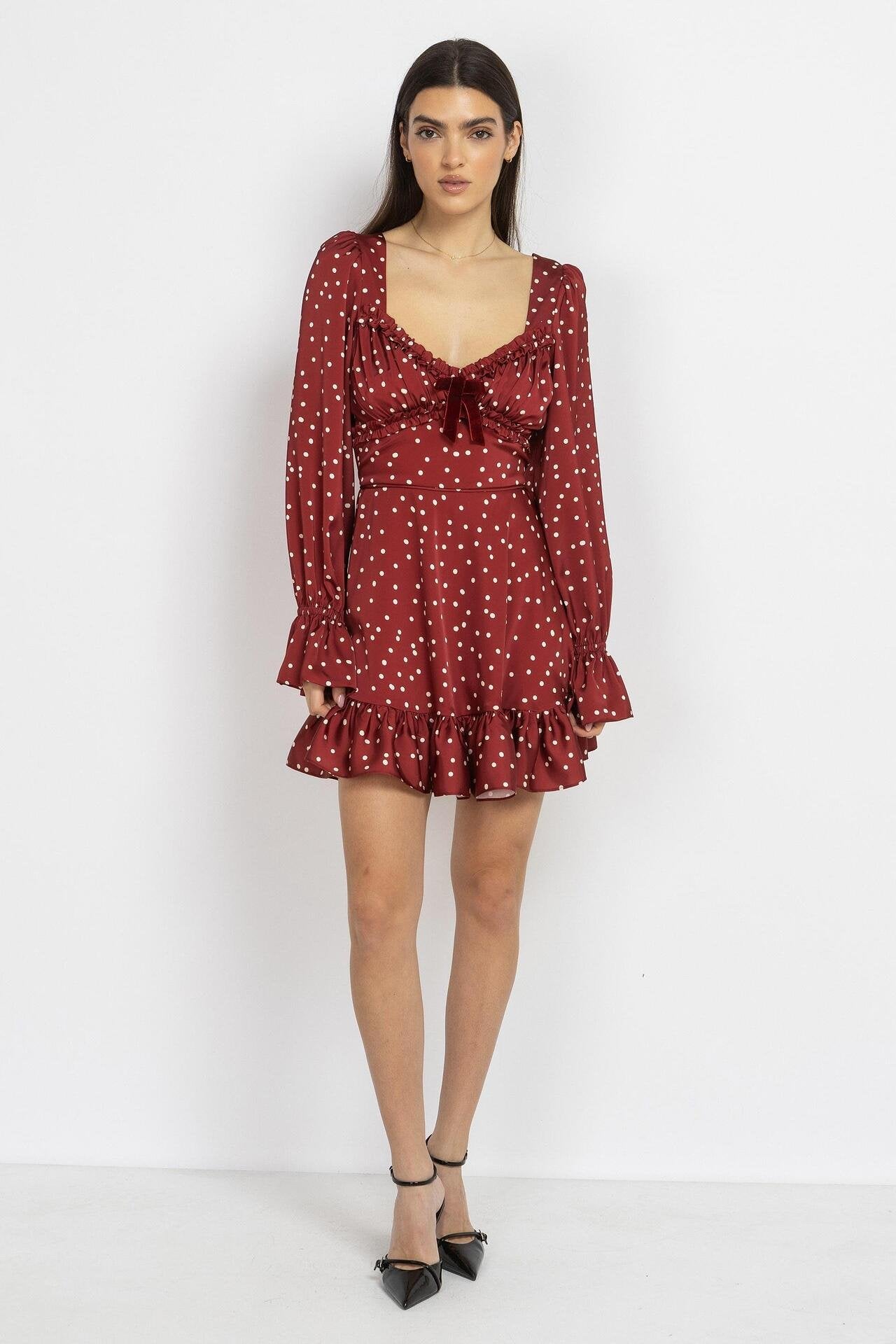 Satin Polka Dot Mini Dress – Burgundy