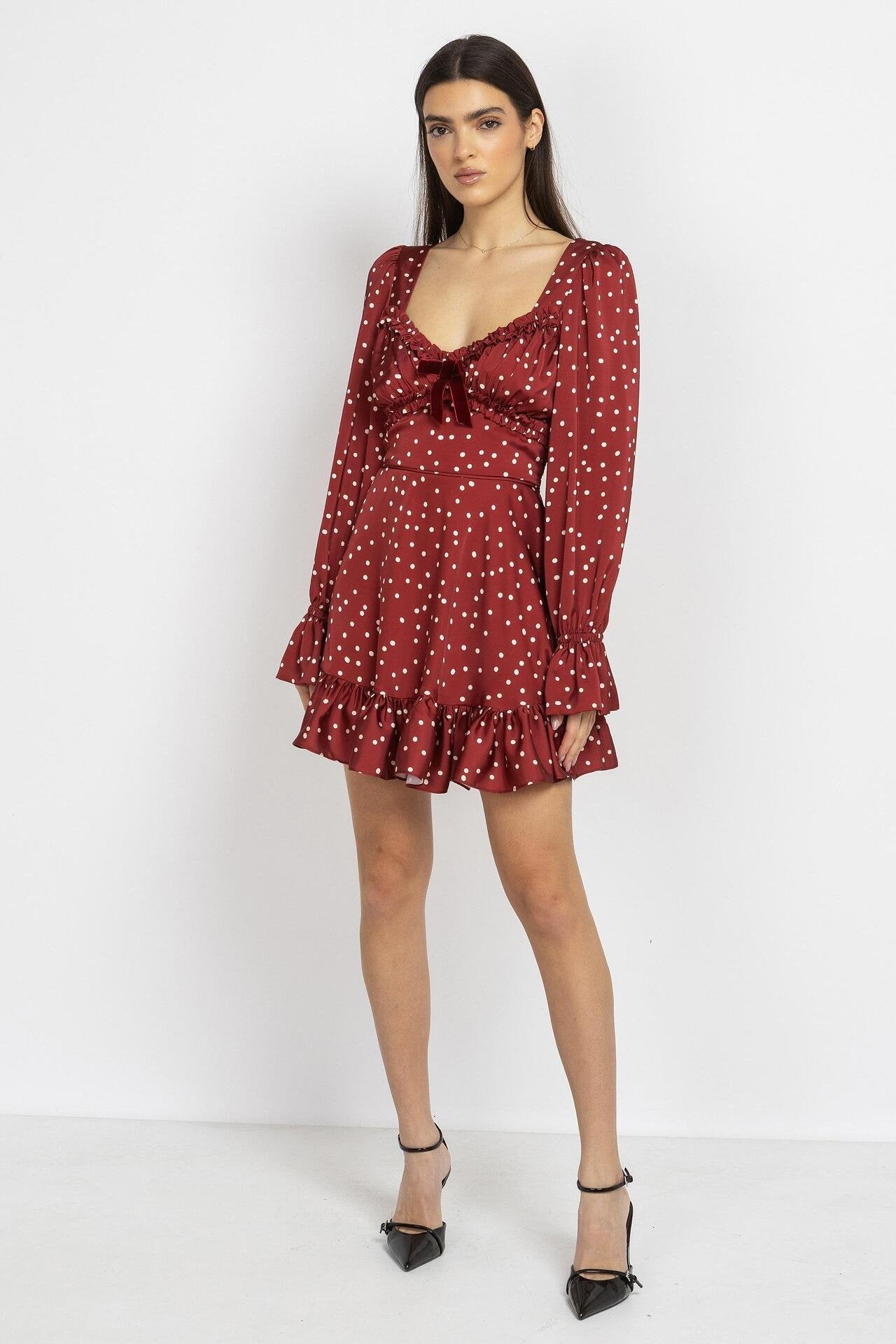 Satin Polka Dot Mini Dress – Burgundy