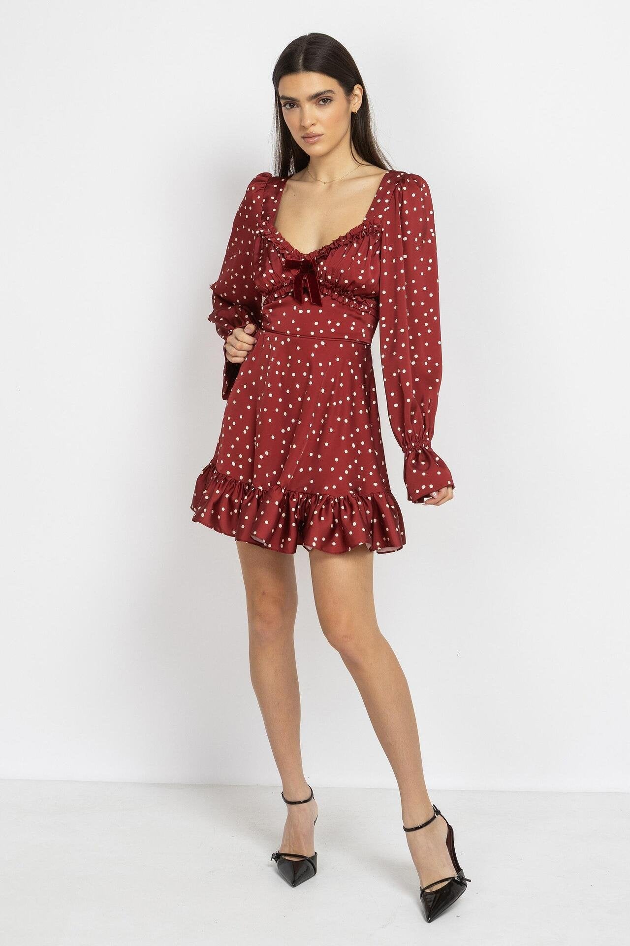 Satin Polka Dot Mini Dress – Burgundy