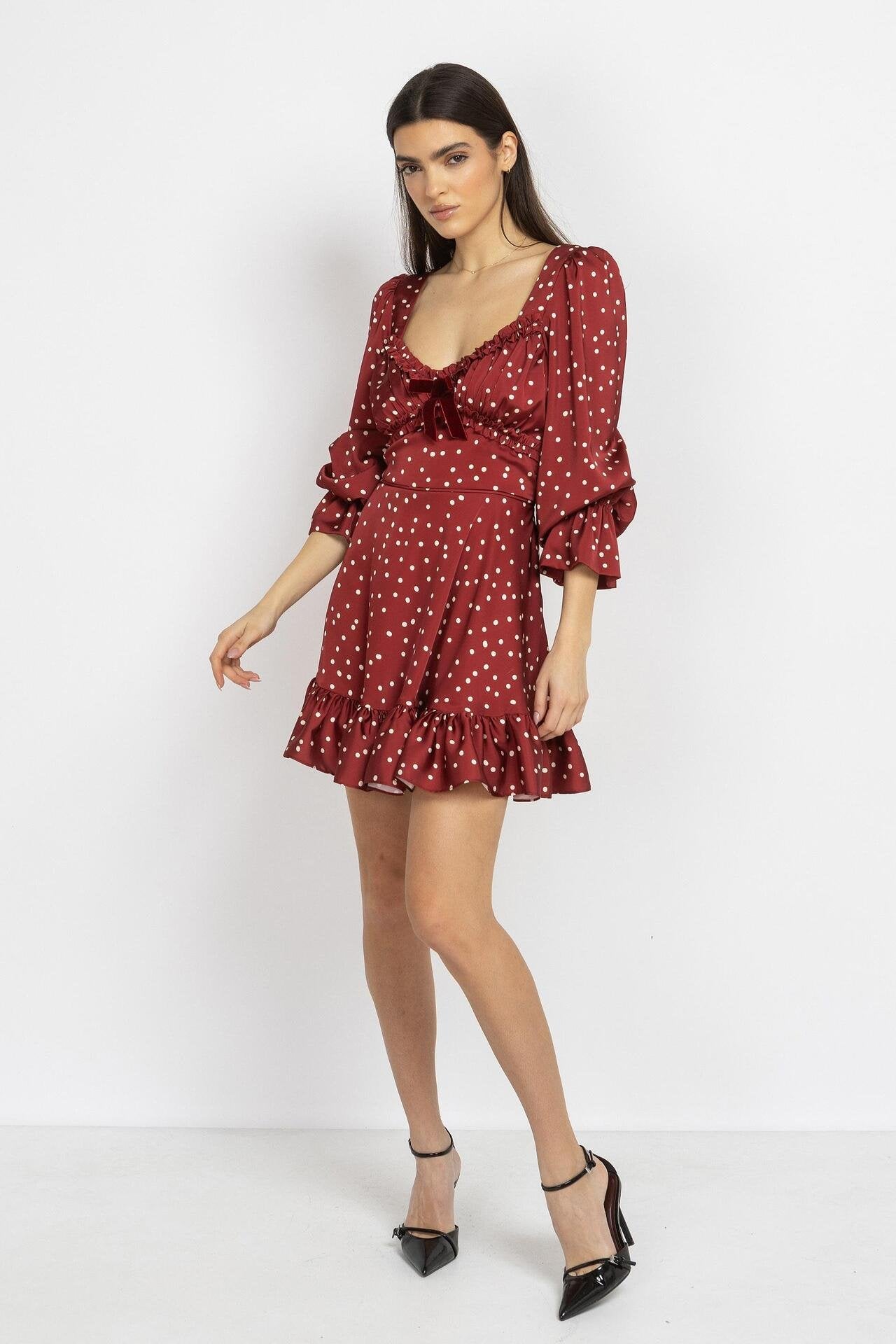 Satin Polka Dot Mini Dress – Burgundy