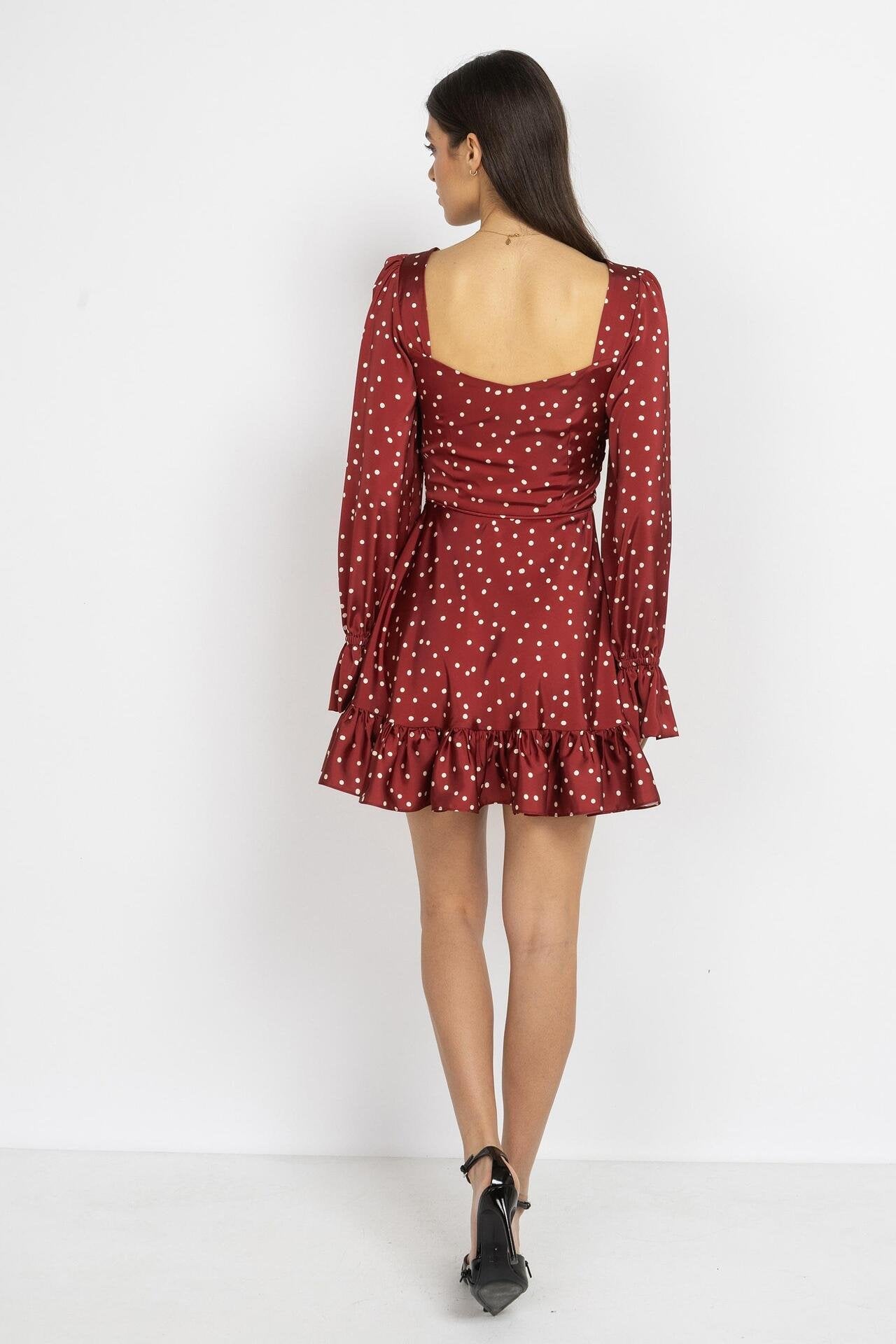 Satin Polka Dot Mini Dress – Burgundy