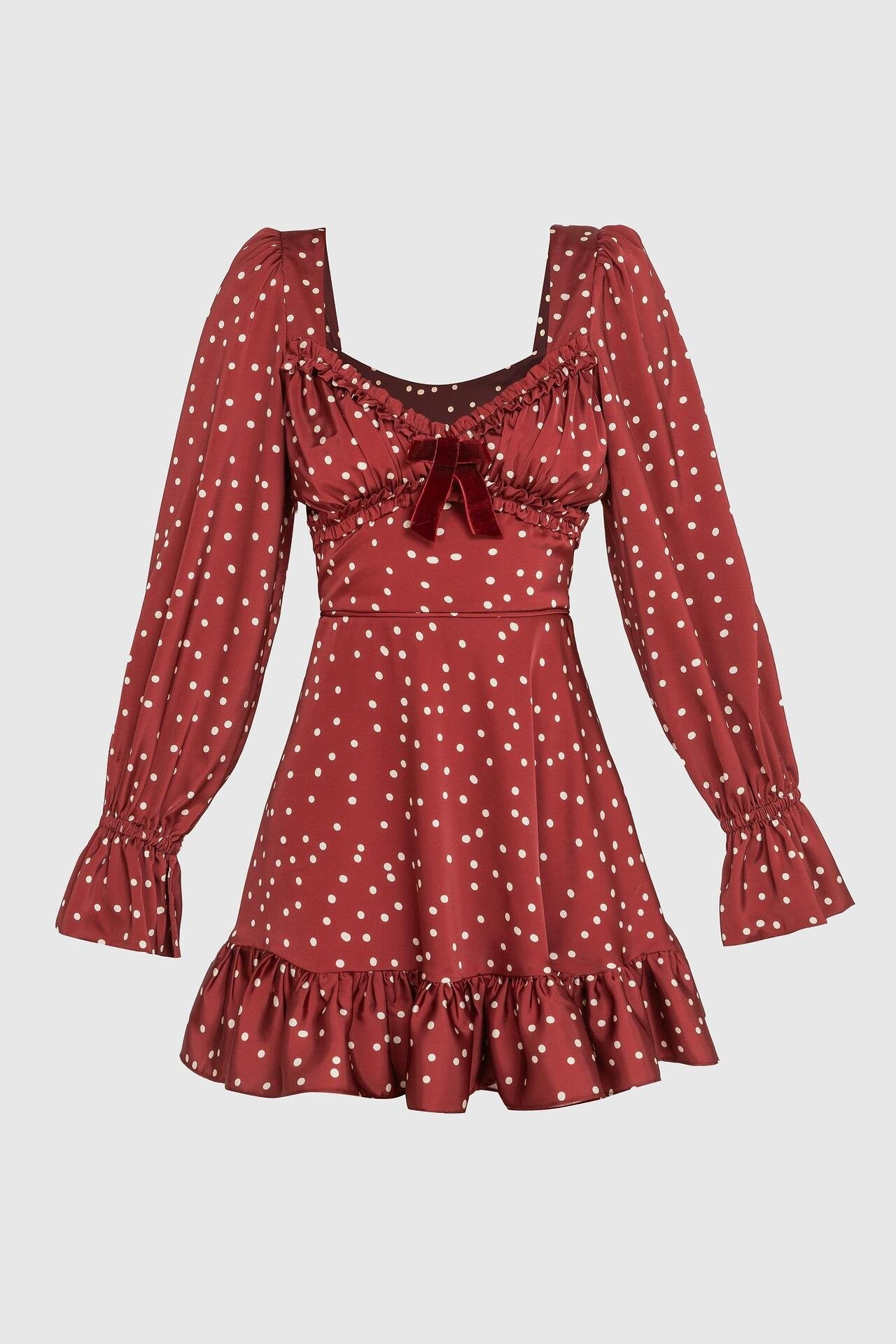 Satin Polka Dot Mini Dress – Burgundy
