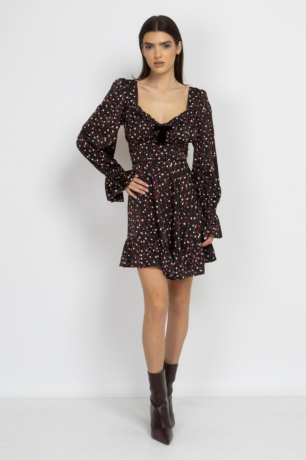 Satin Polka Dot Mini Dress – Black
