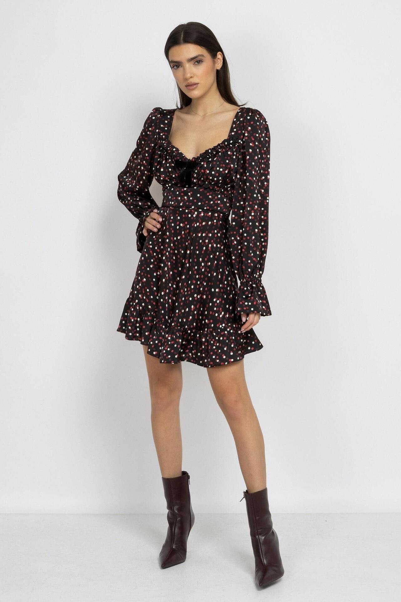 Satin Polka Dot Mini Dress – Black