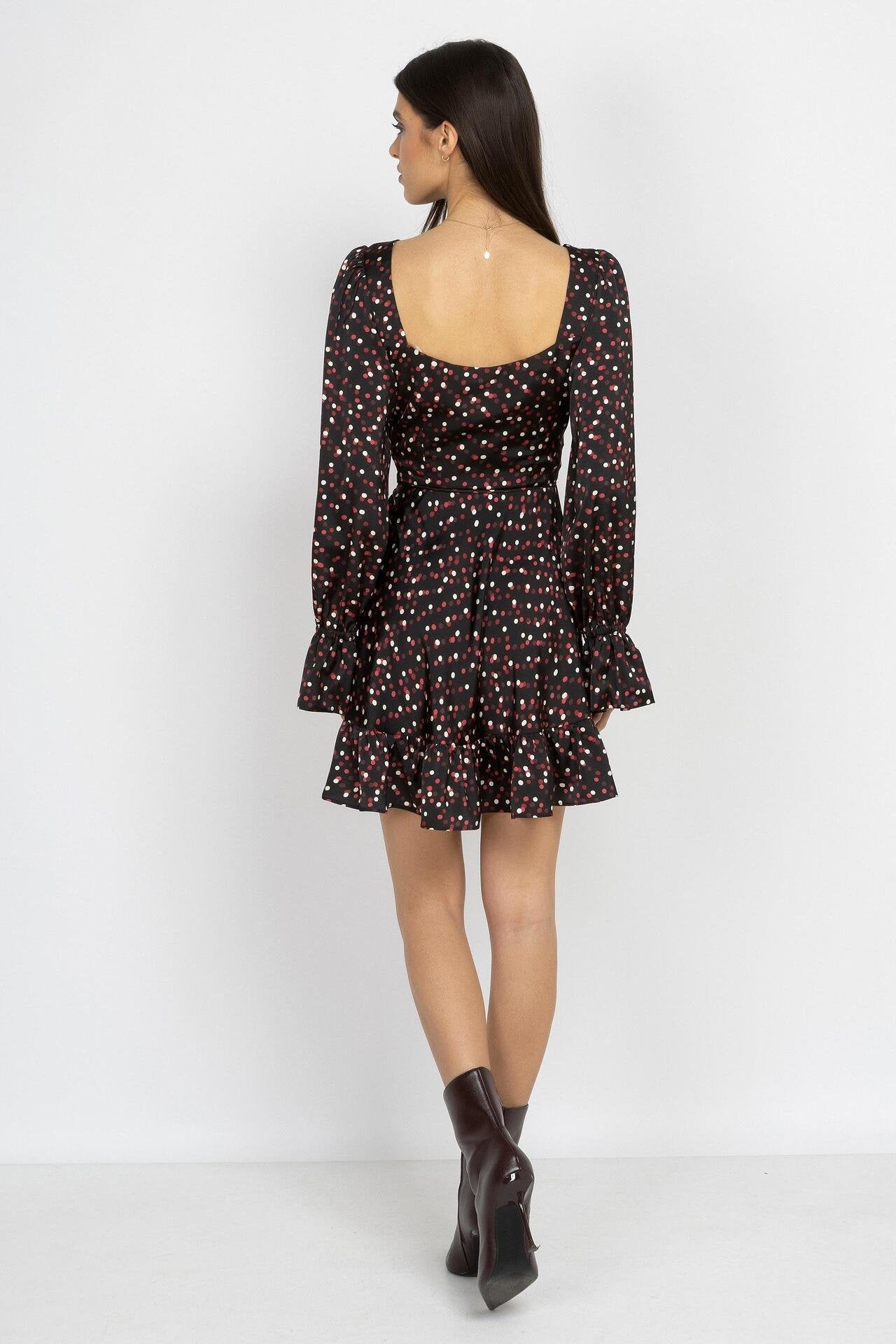 Satin Polka Dot Mini Dress – Black