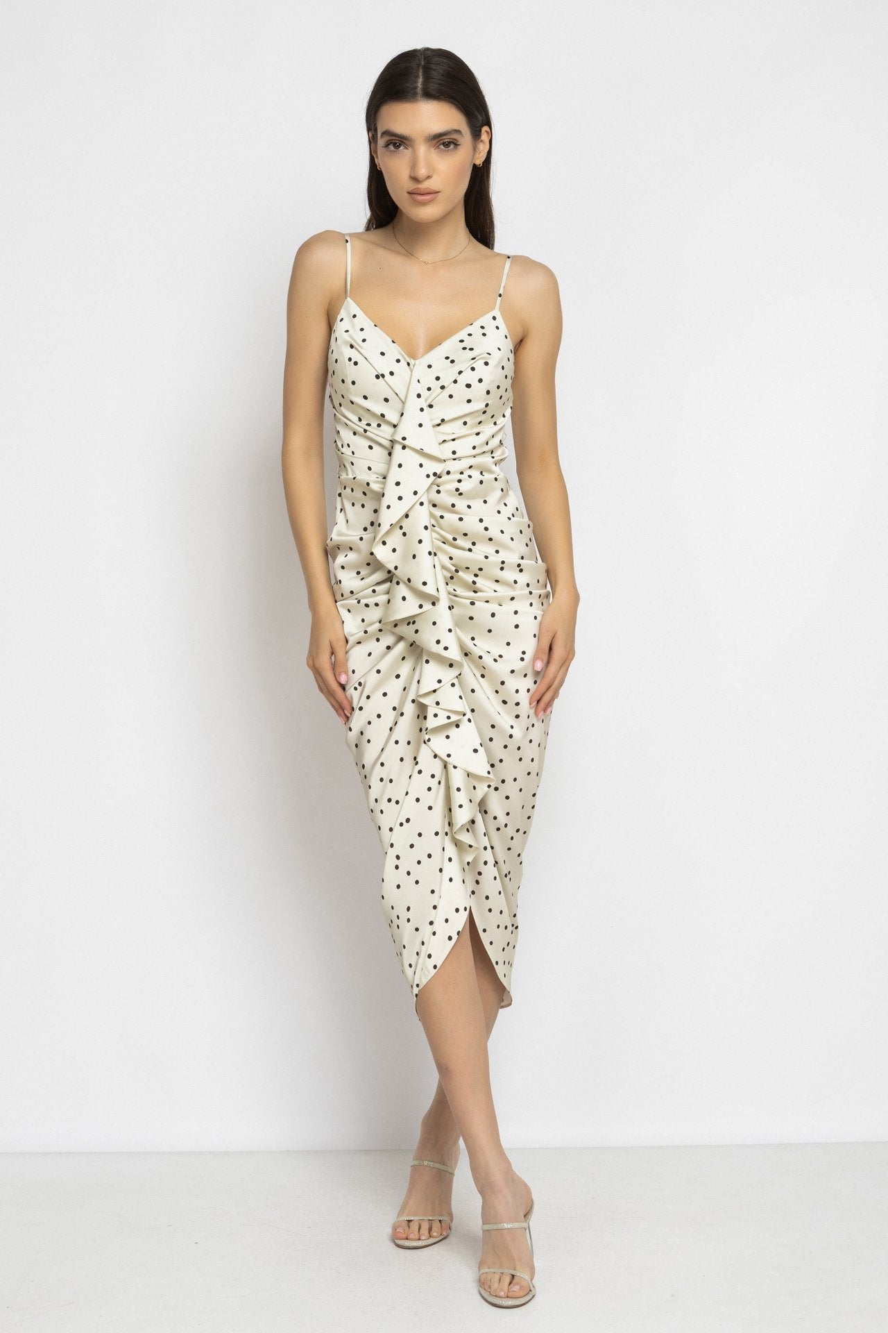 Cream Polka Dot Dress with Ruching and Ruffle