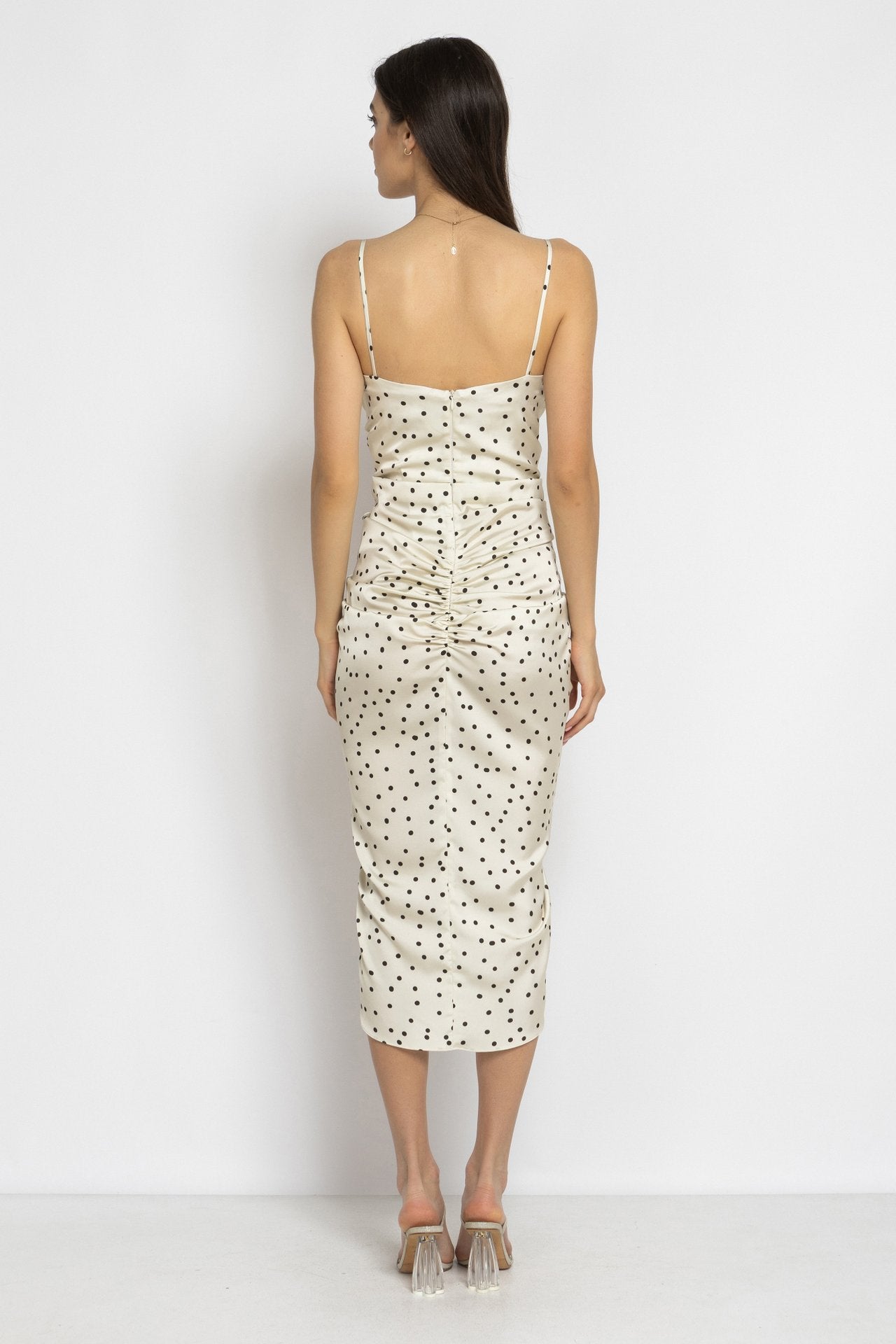 Cream Polka Dot Dress with Ruching and Ruffle