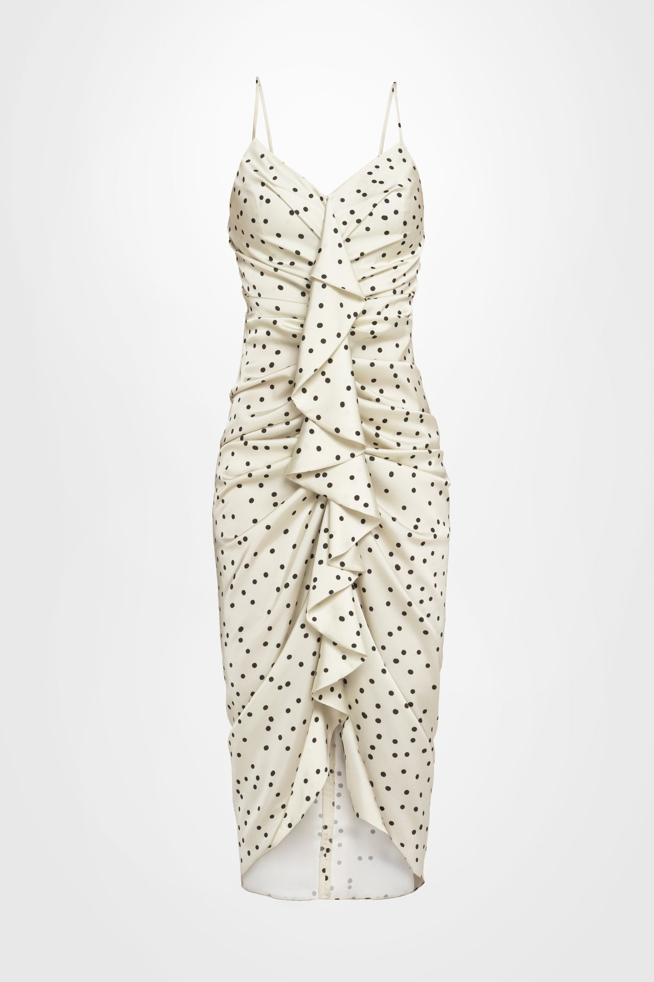 Cream Polka Dot Dress with Ruching and Ruffle