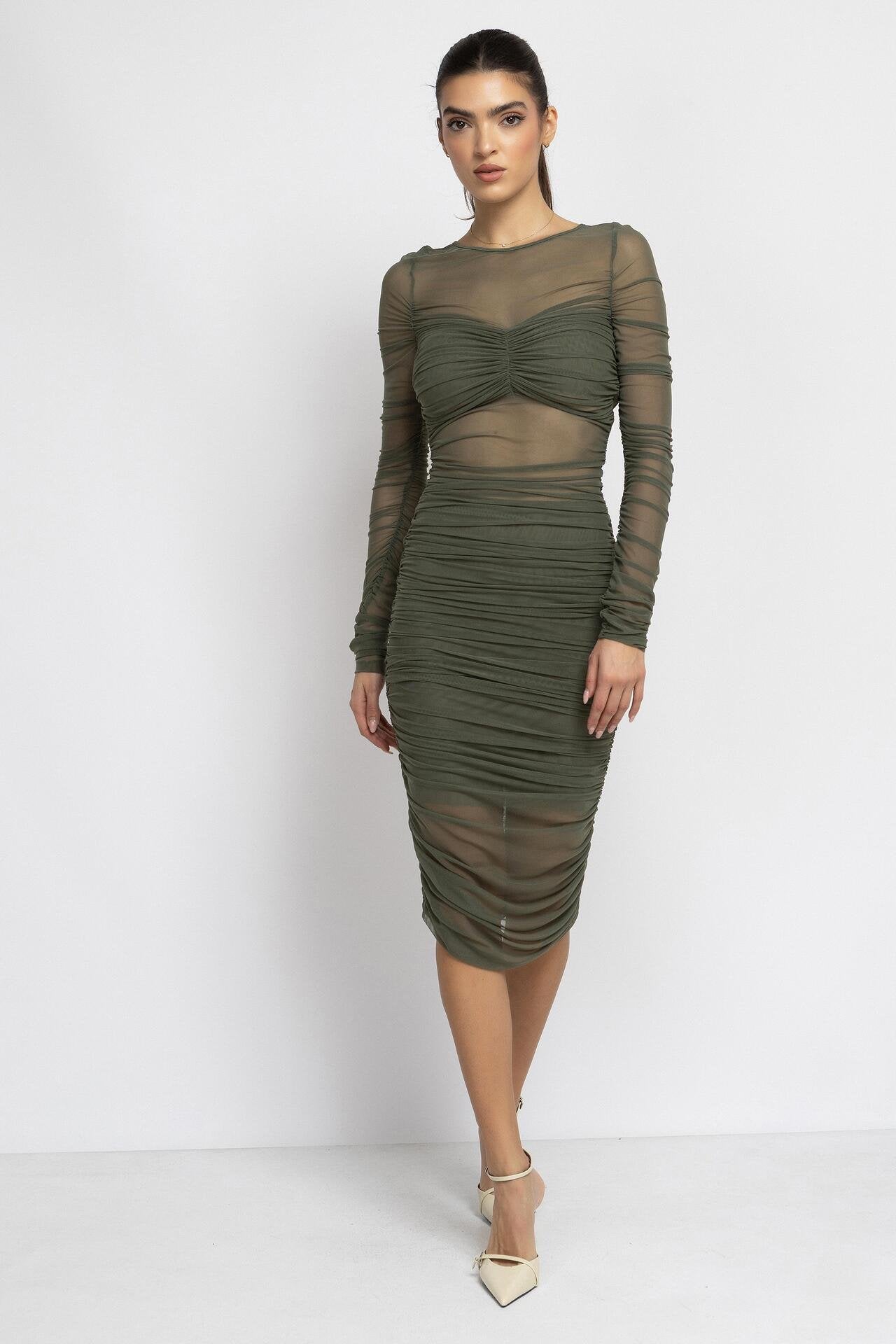Sheer Ruched Midi Dress