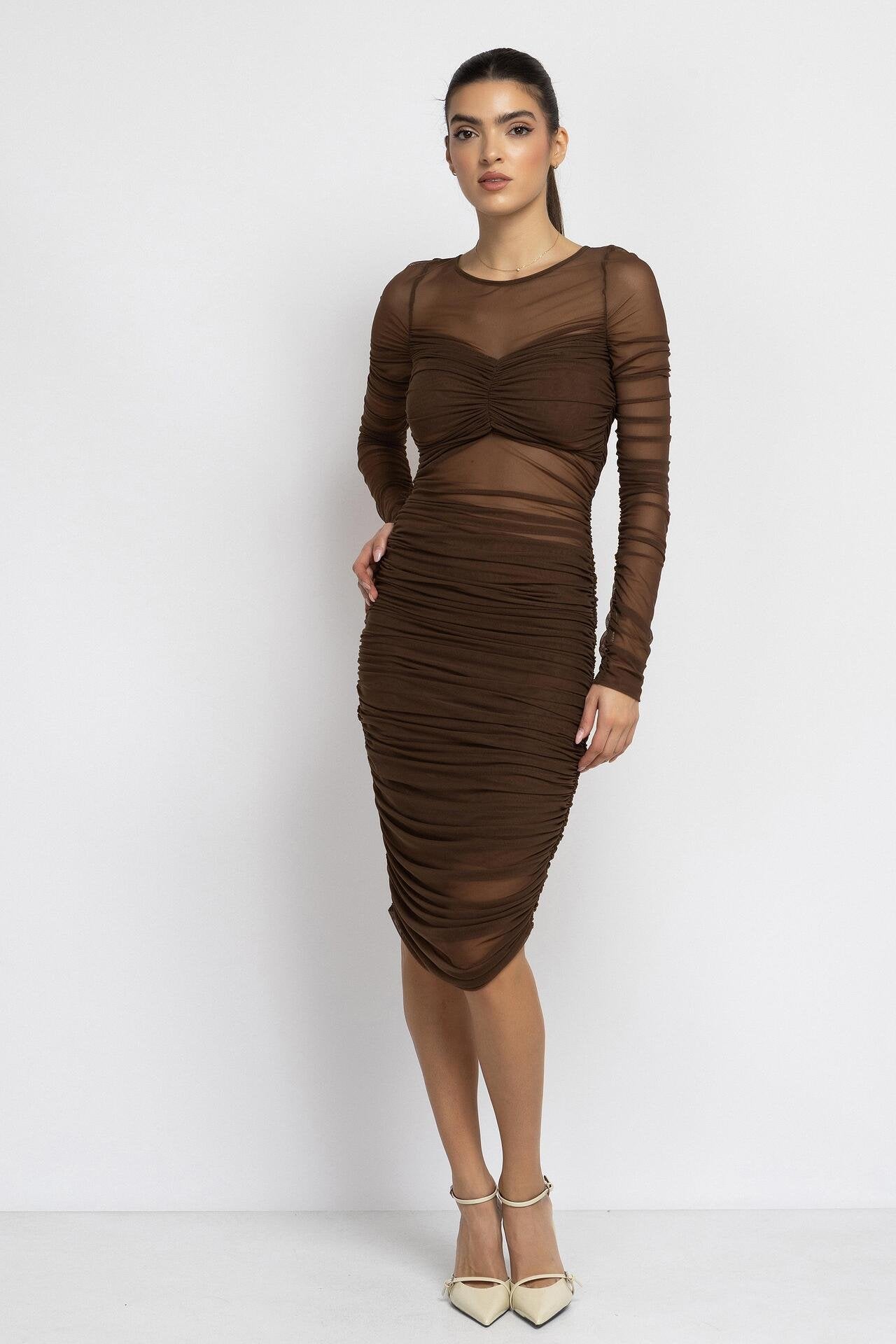 Sheer Ruched Midi Dress in Brown