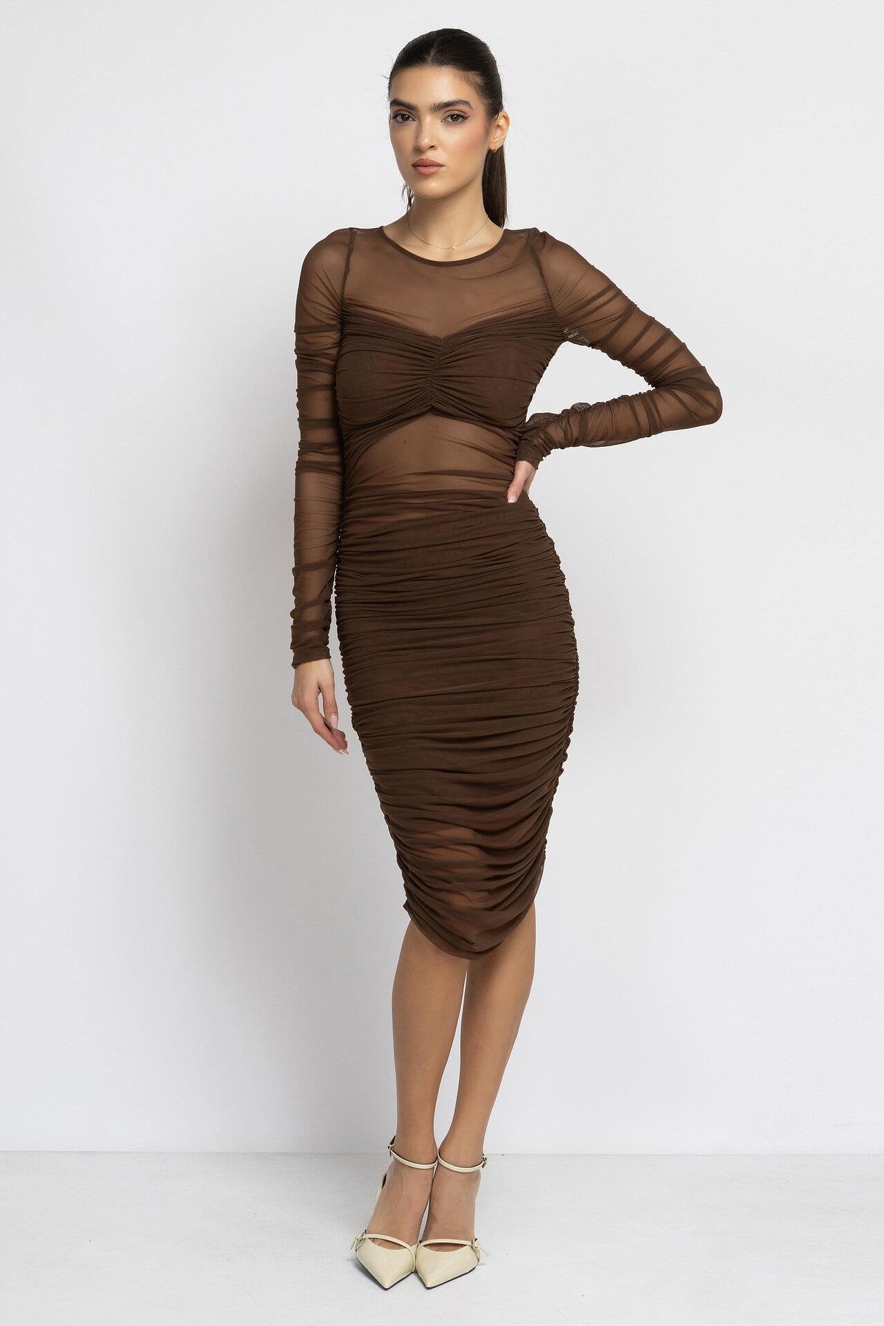 Sheer Ruched Midi Dress in Brown