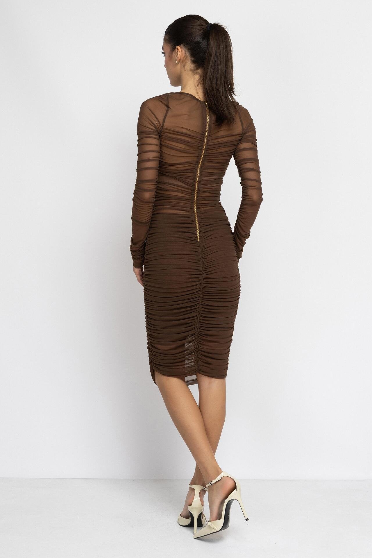 Sheer Ruched Midi Dress in Brown
