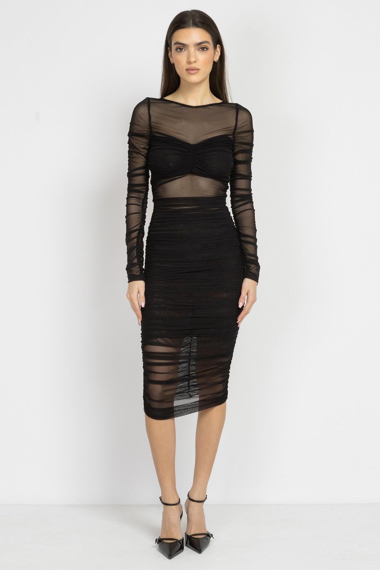 Sheer Ruched Midi Dress in Black
