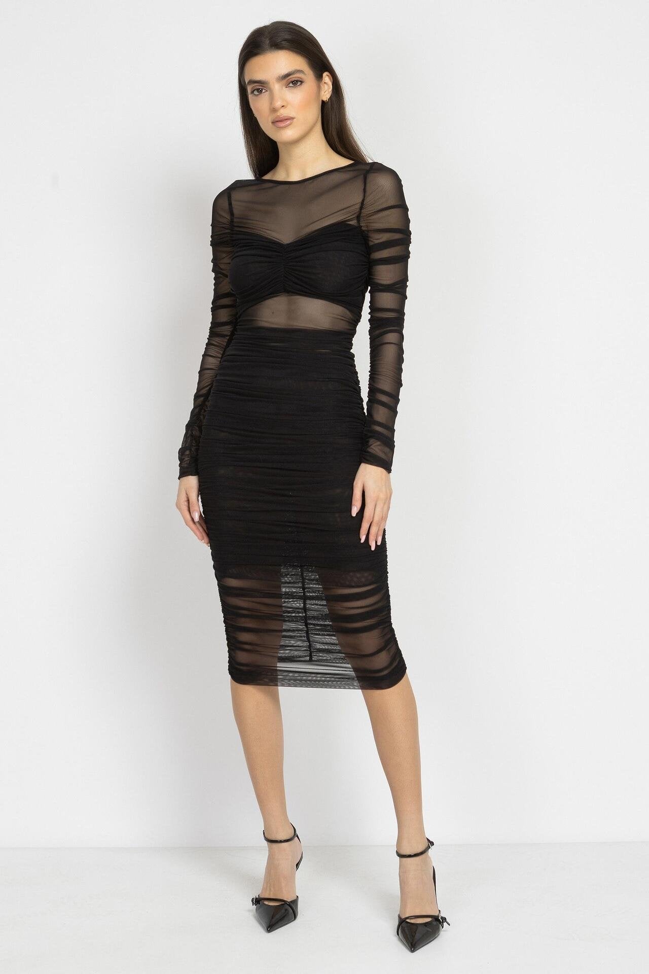 Sheer Ruched Midi Dress in Black