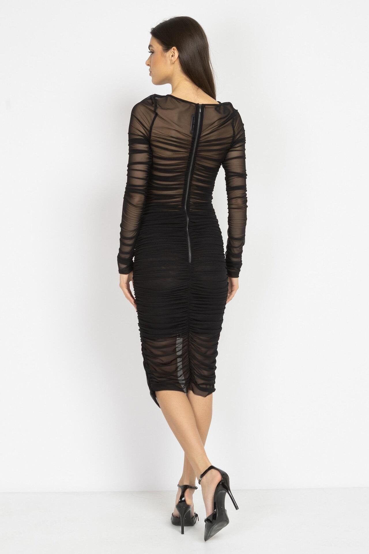 Sheer Ruched Midi Dress in Black