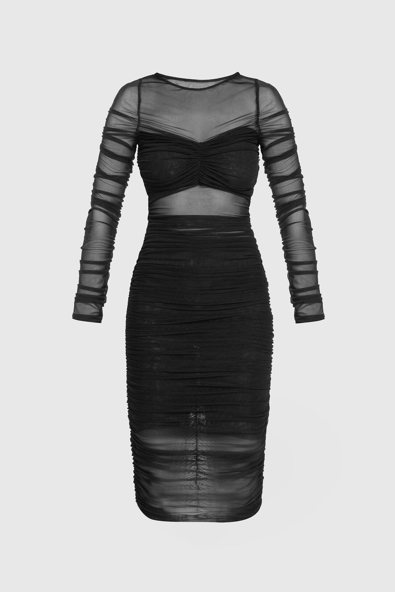 Sheer Ruched Midi Dress in Black