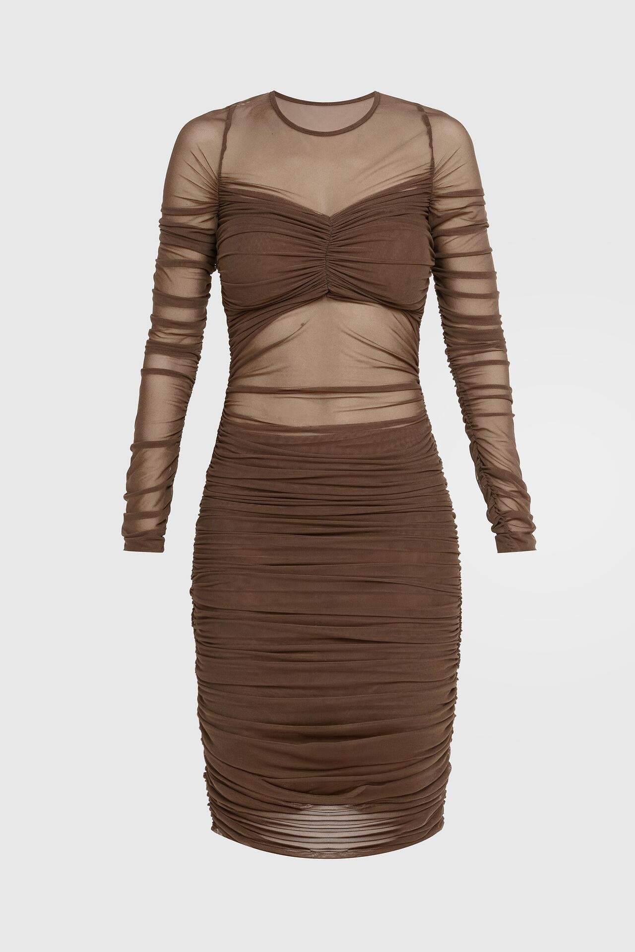 Sheer Ruched Midi Dress in Brown