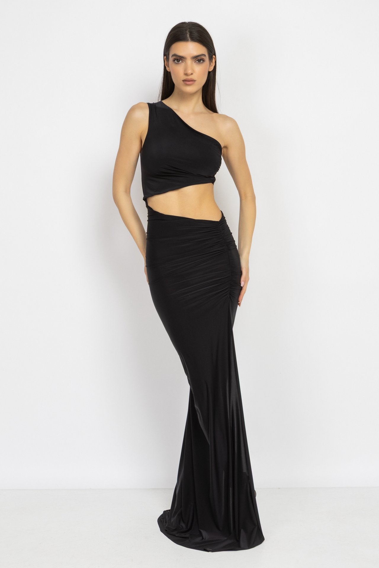 Black One-Shoulder Ruched Maxi Dress