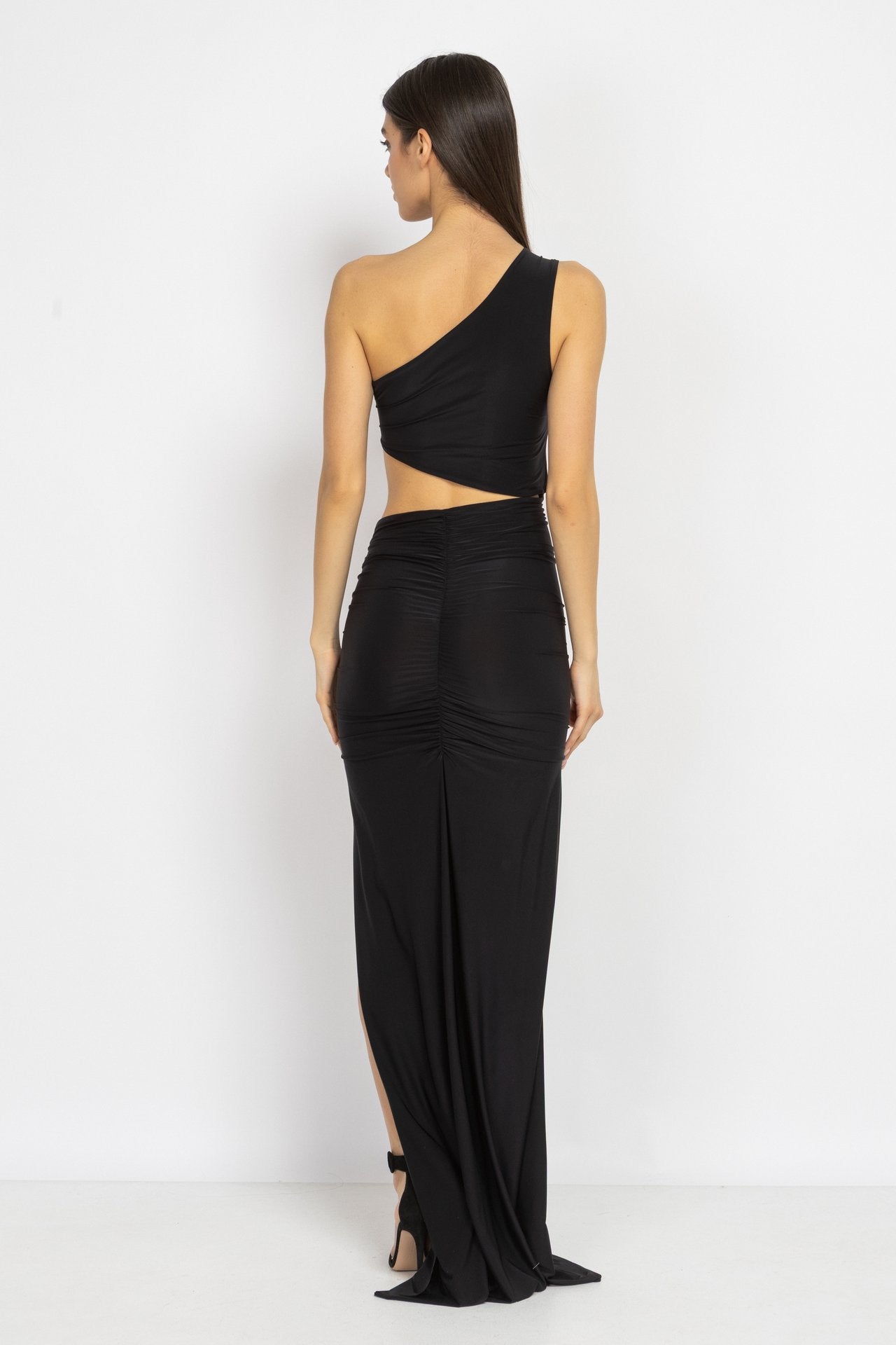 Black One-Shoulder Ruched Maxi Dress