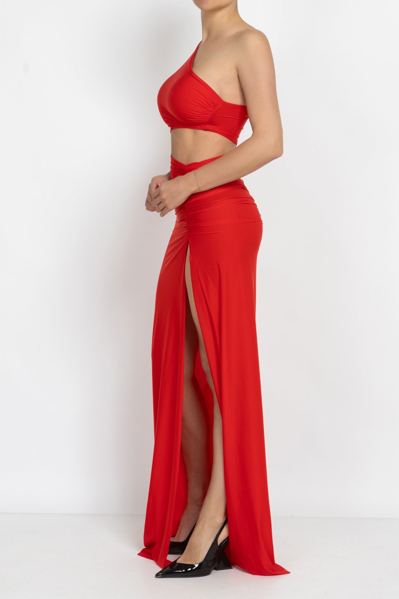 Red One-Shoulder Ruched Maxi Dress