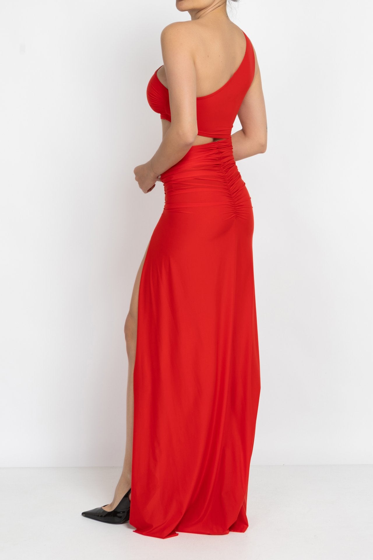 Red One-Shoulder Ruched Maxi Dress
