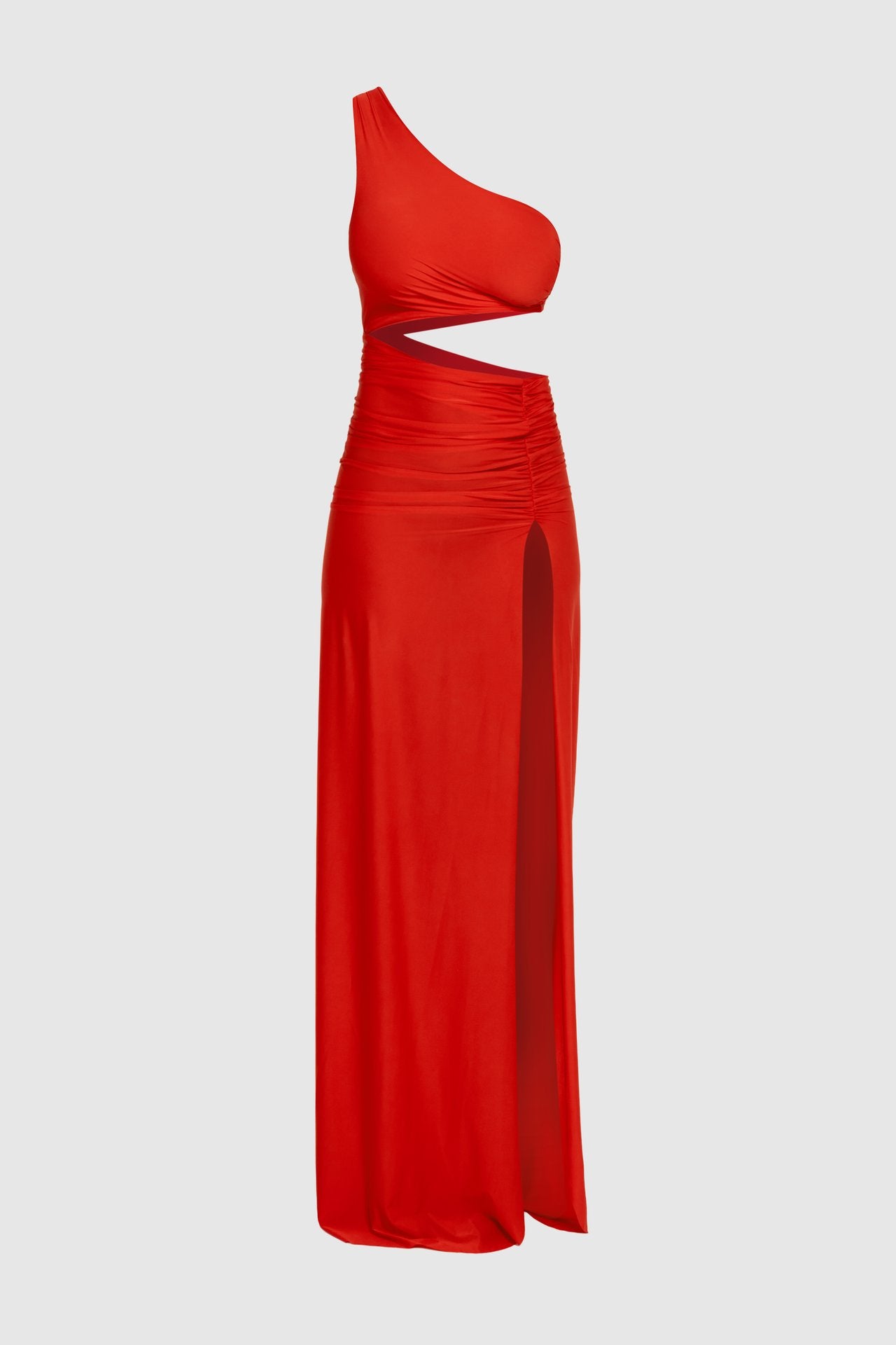 Red One-Shoulder Ruched Maxi Dress