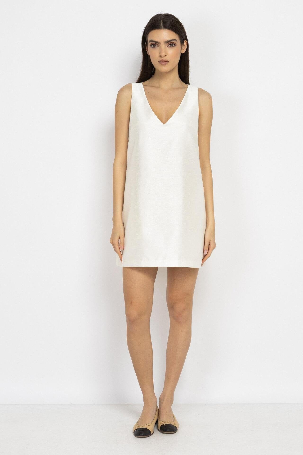 Straight-Cut Mini Dress with V-Neck in White