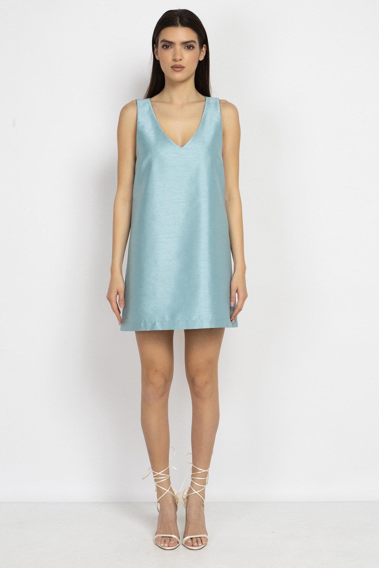 Straight-Cut Mini Dress with V-Neck in Sky Blue