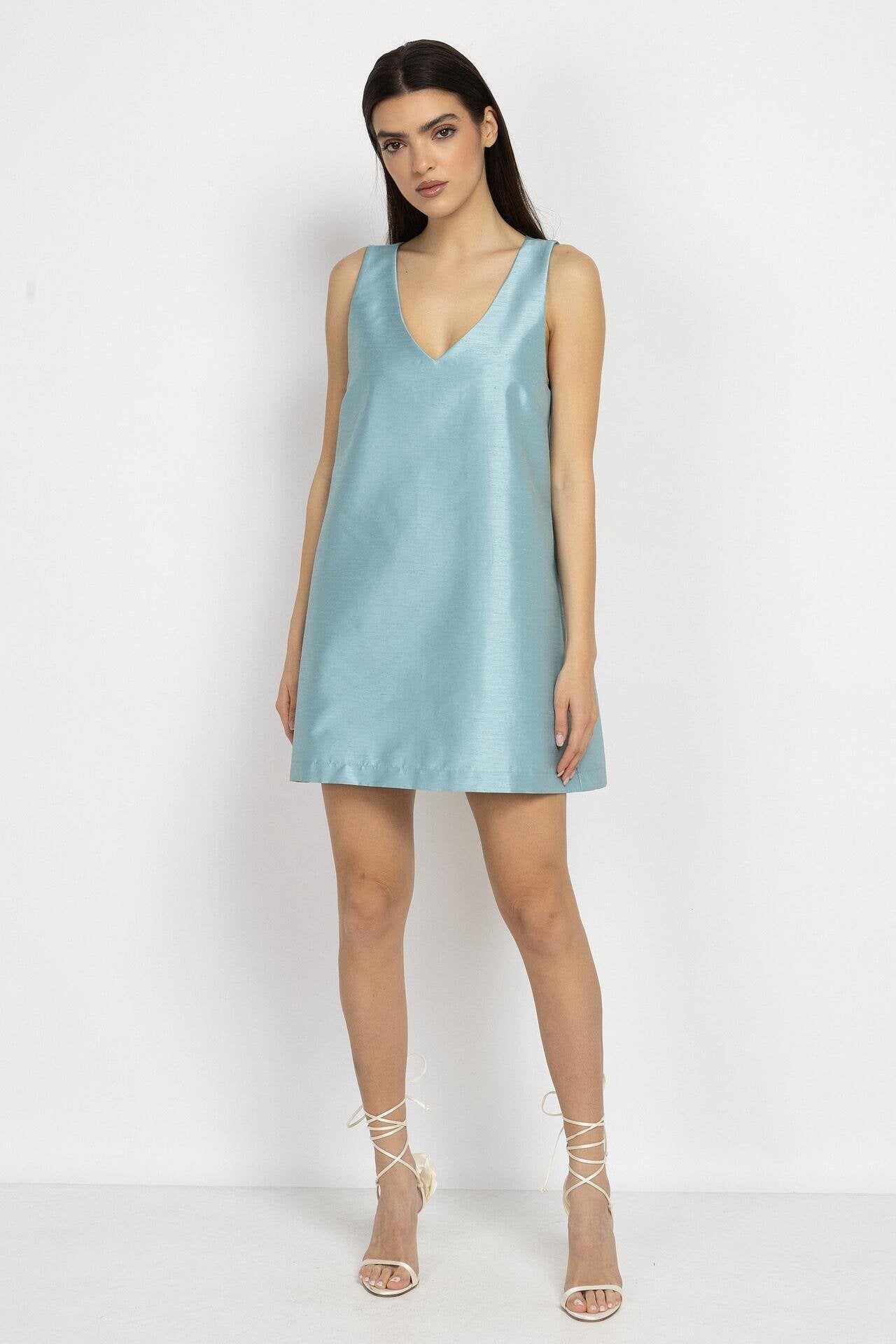 Straight-Cut Mini Dress with V-Neck in Sky Blue