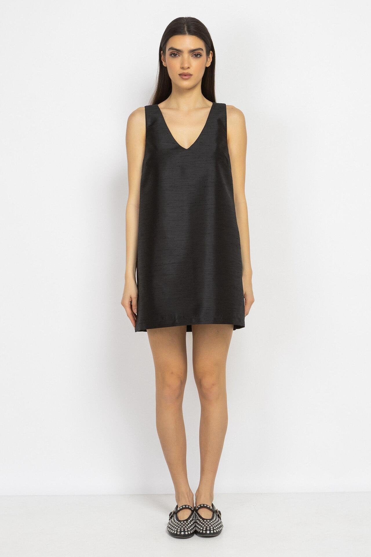 Straight-Cut Mini Dress with V-Neck in Black