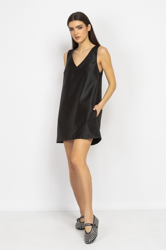 Straight-Cut Mini Dress with V-Neck in Black