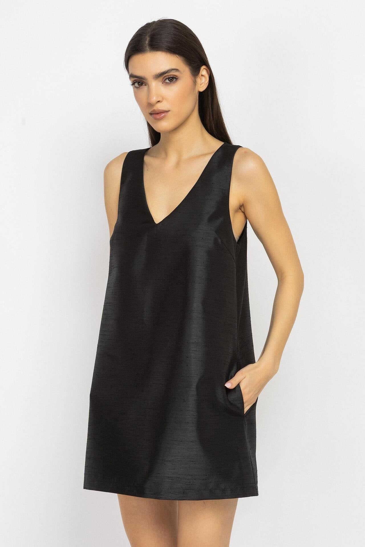 Straight-Cut Mini Dress with V-Neck in Black