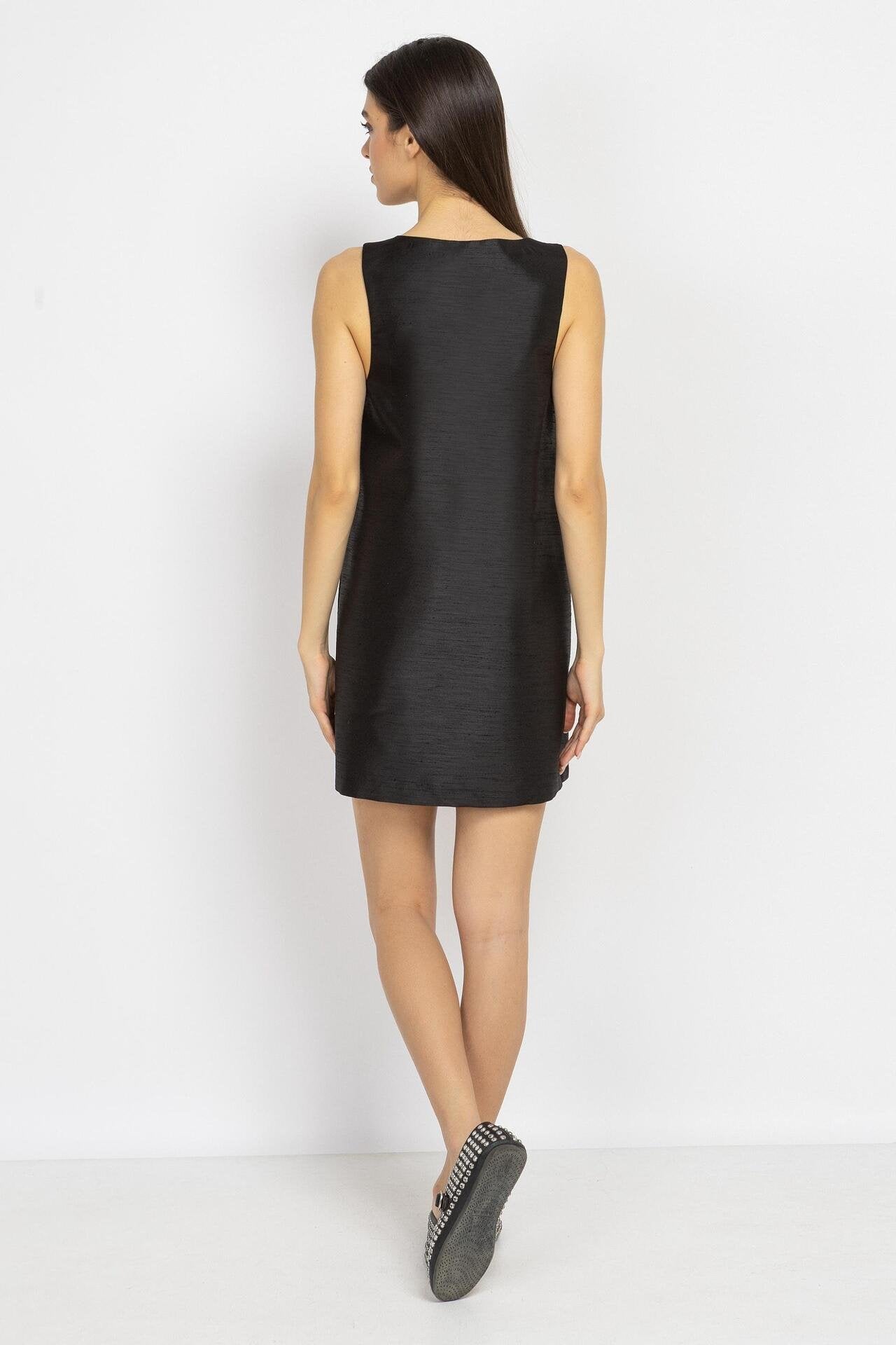 Straight-Cut Mini Dress with V-Neck in Black