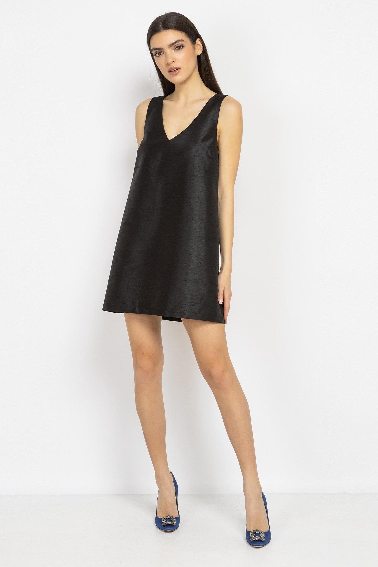 Straight-Cut Mini Dress with V-Neck in Black