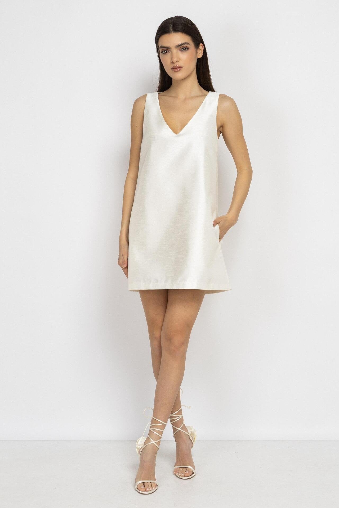 Straight-Cut Mini Dress with V-Neck in White