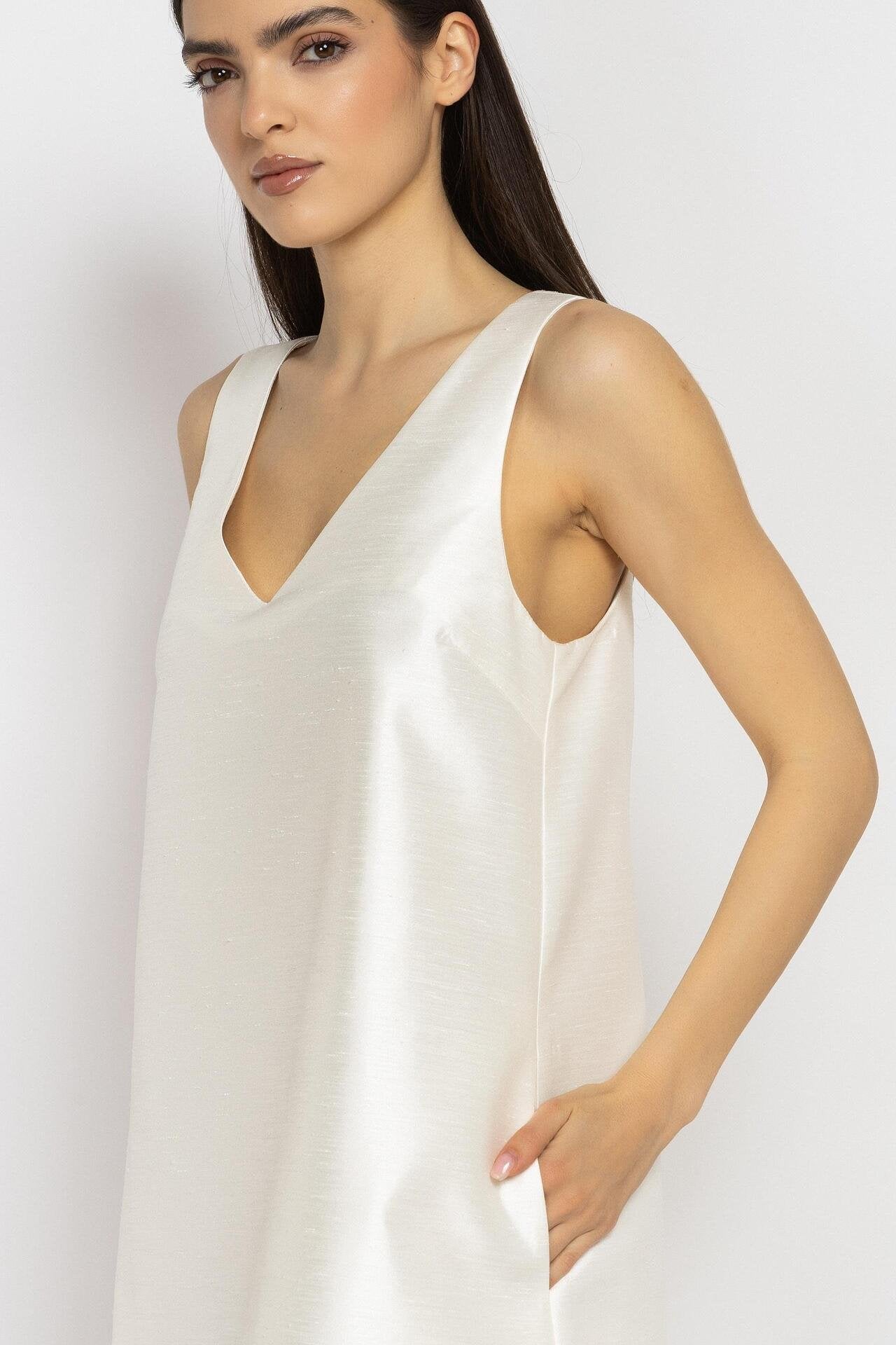 Straight-Cut Mini Dress with V-Neck in White