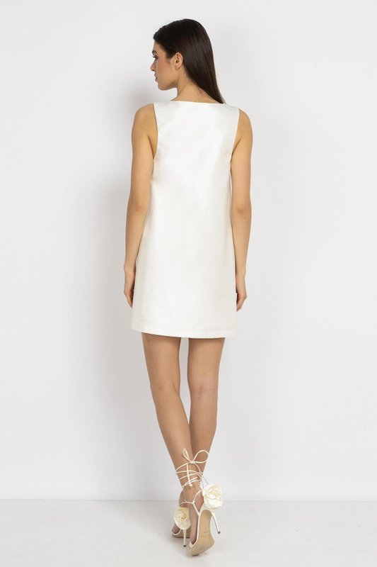 Straight-Cut Mini Dress with V-Neck in White