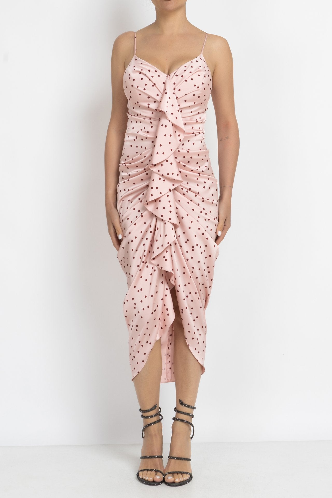 Pink Polka Dot Ruched Midi Dress