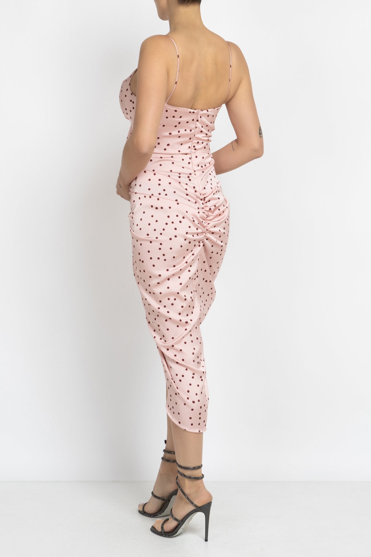 Pink Polka Dot Dress with Ruching and Ruffle