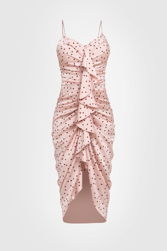 Pink Polka Dot Dress with Ruching and Ruffle