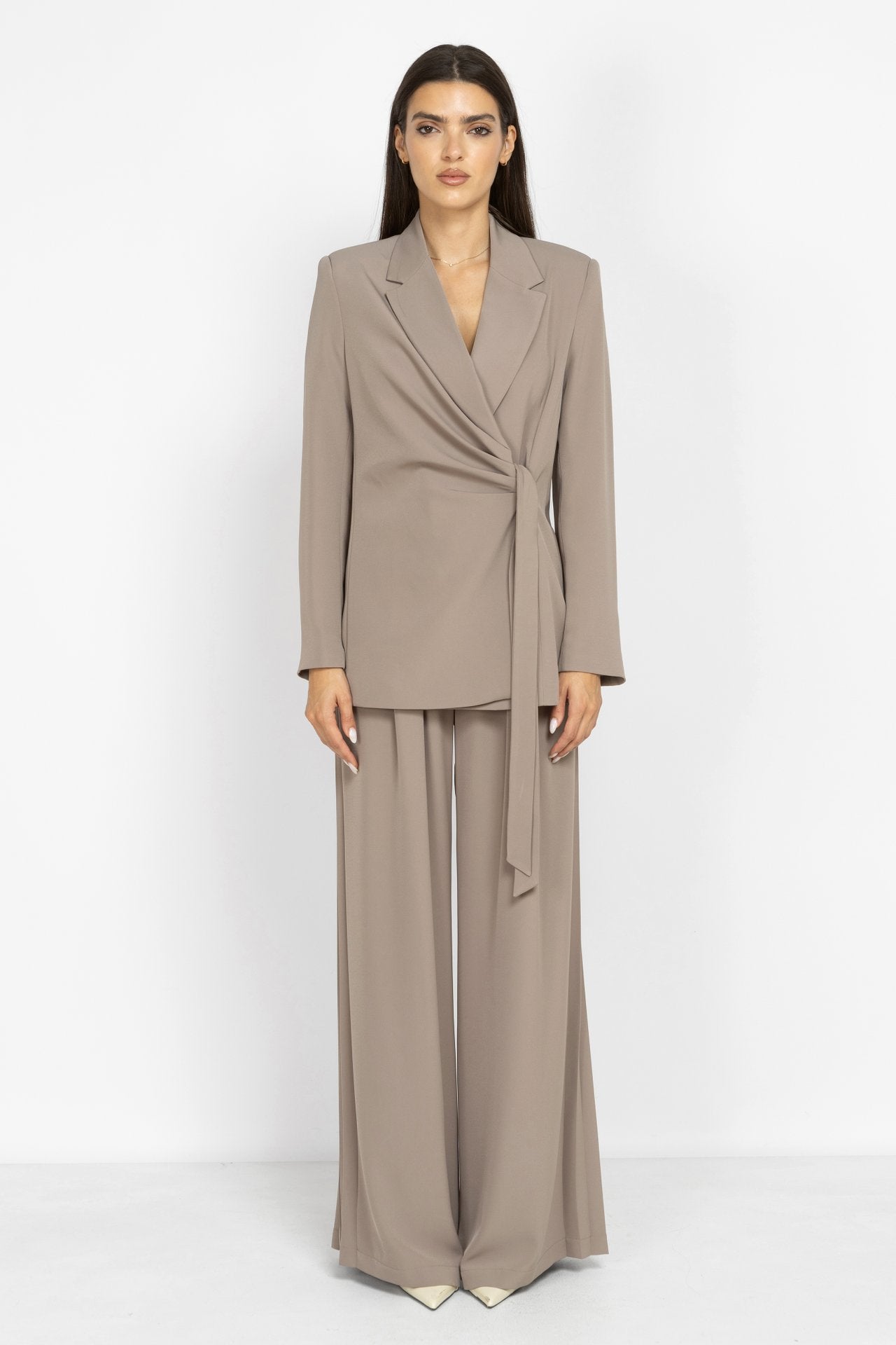 Blazer with Gathered Details and Side Tie in Mocha