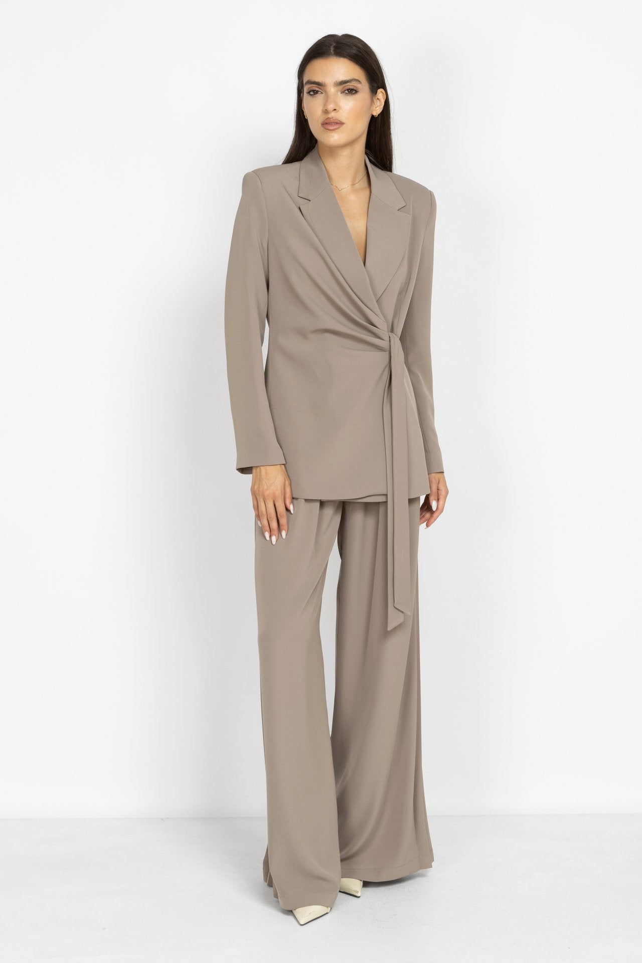 Blazer with Gathered Details and Side Tie in Mocha