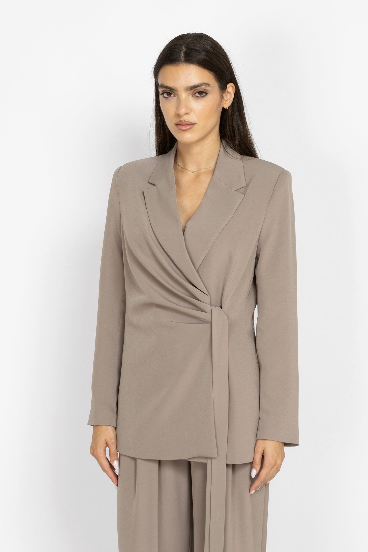 Blazer with Gathered Details and Side Tie in Mocha