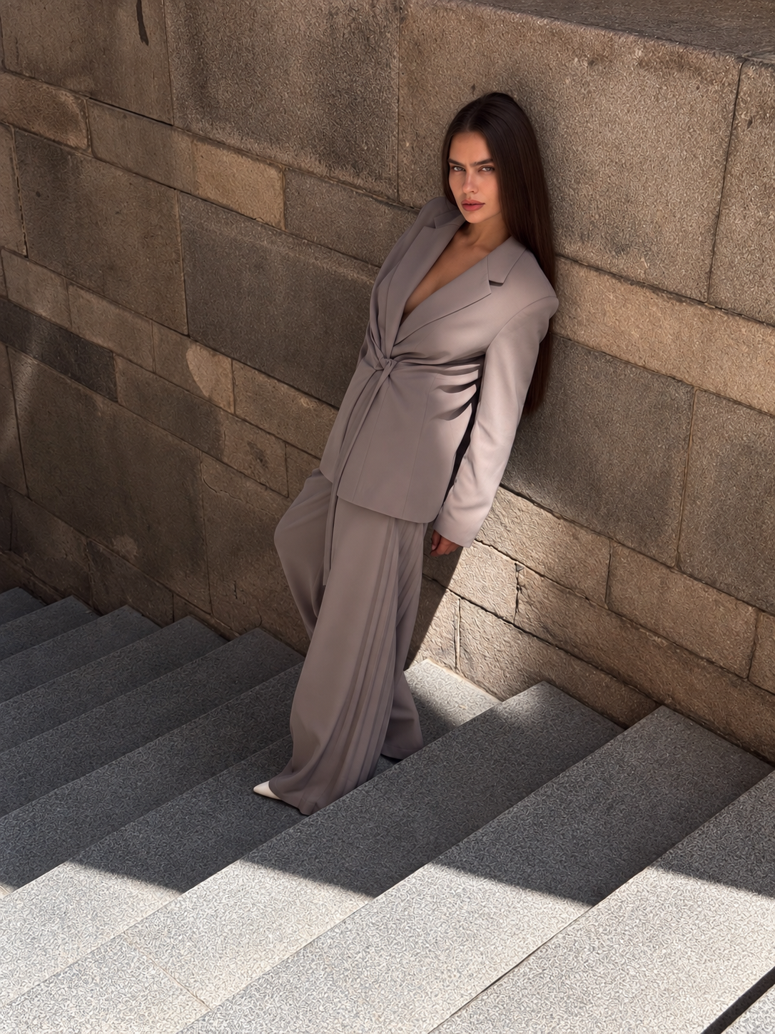 Blazer with Gathered Details and Side Tie in Mocha