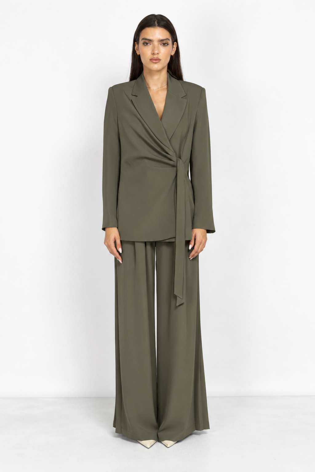 Blazer with Gathered Details and Side Tie in Green