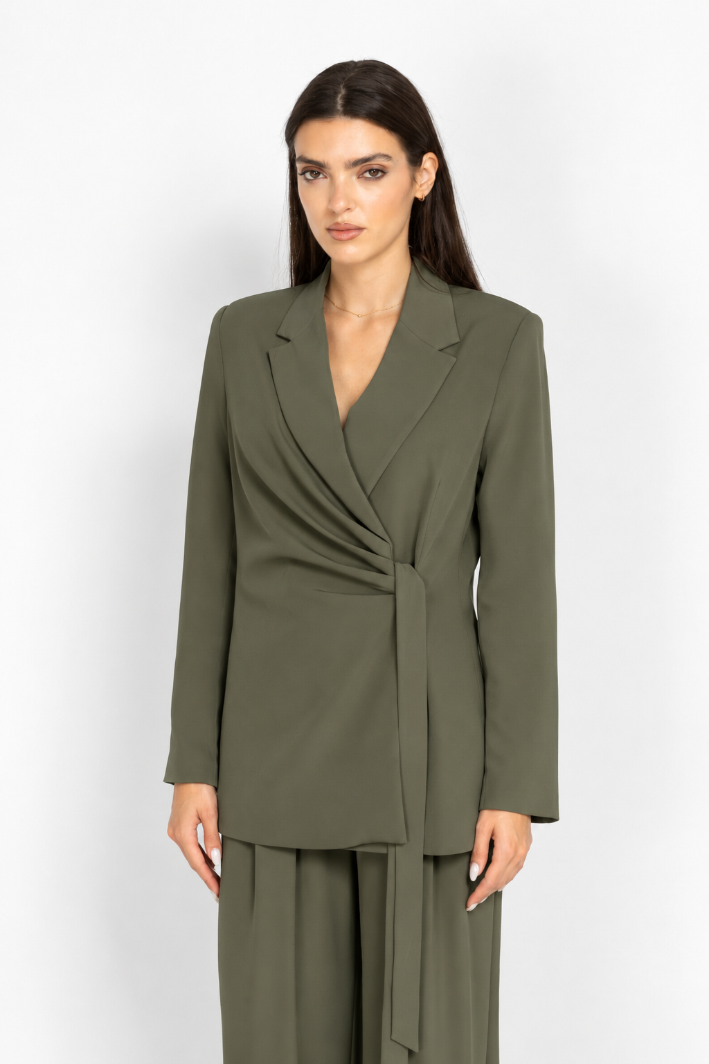 Blazer with Gathered Details and Side Tie in Green
